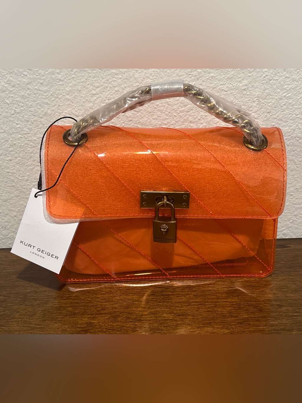 Kurt Geiger Transparent Orange Quilted Top-Handle Crossbody With Gold Tone Lock